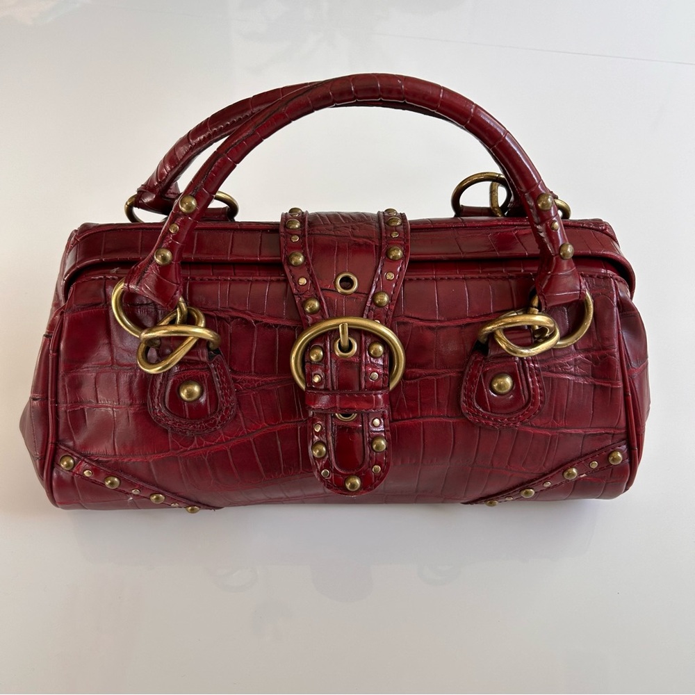Nine West burgundy red faux croc embossed shoulder bag gold leopard interior
